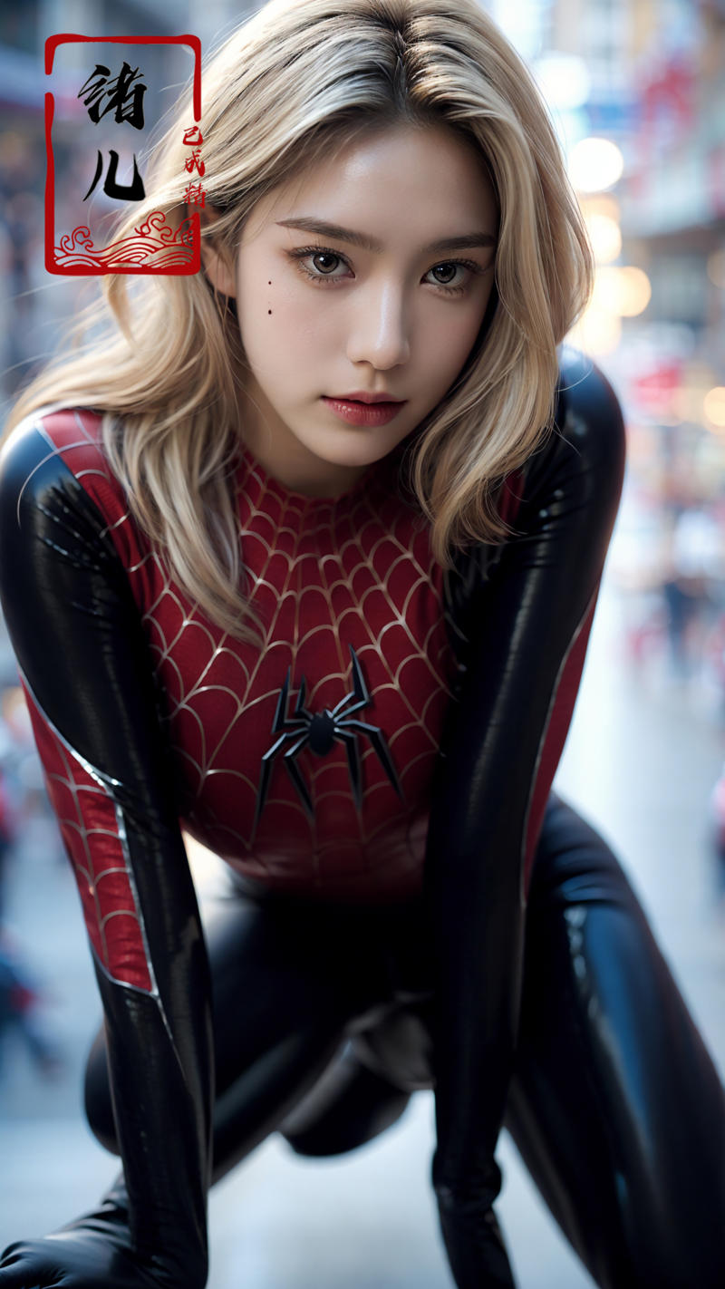 606247209521969422-1738094241-blury background,depth of field,_black Spider Man costume,1gir, solo,lips, (shiny skin_1.5)，skin tight, mole under eye, blonde h.jpg